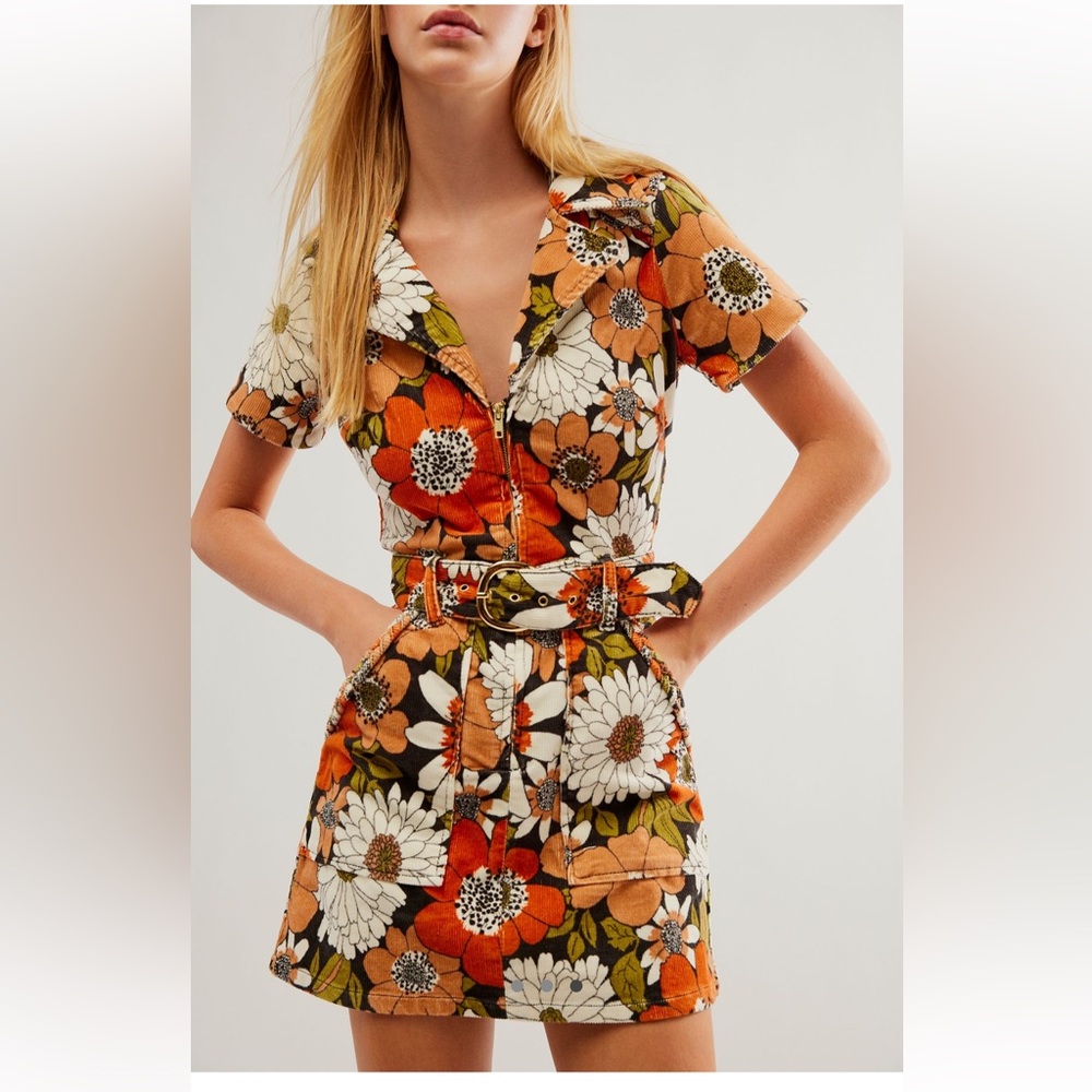 Show Me Your MuMu Corduroy Orange and Green Floral Mini Dress with Belt